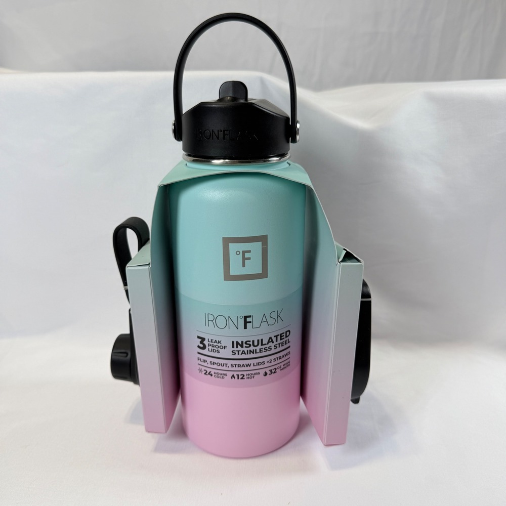 Iron Flask Insulated Water Bottle Unisex 32oz Bubble Gum Pink Teal 3 Lids New